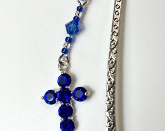 Sapphire blue Swarovski Rhinestone cross bookmark. Book lovers. Bible bookmark. Gifts for reader. Small Religious gift. Christian gift Faith