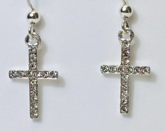 Rhinestone Cross Drop Earrings, Sterling Silver Hooks, Religious Gift