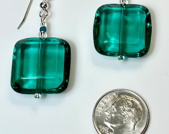 Teal Venetian Glass Earrings, Sterling Silver, Beveled Square, Modern