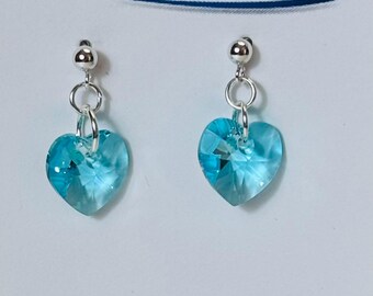 Light Turquoise Swarovski Crystal Heart Earrings, Sterling Silver Posts