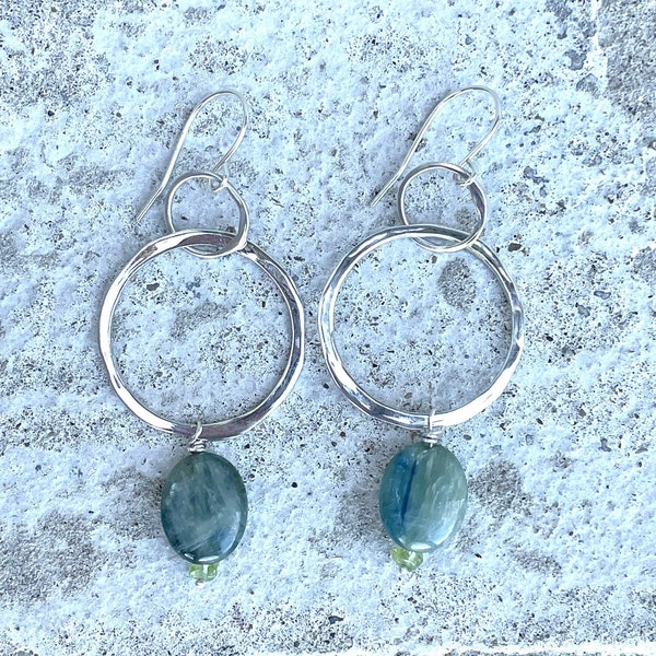Blue Kyanite Crystal Hoop Earrings, Handmade Mermaid Blue Green Kyanite Sterling Earrings, Rare Handmade Gemstone Dangle Earrings