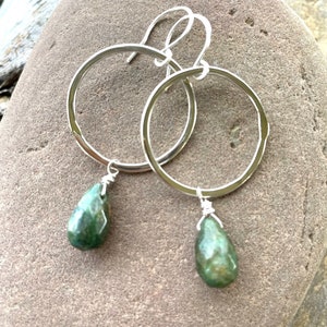 Green Aventurine Crystal Hoop Earrings, Handmade Organic Boho Minimalist Gemstone Dangle Earrings, Gifts For Women
