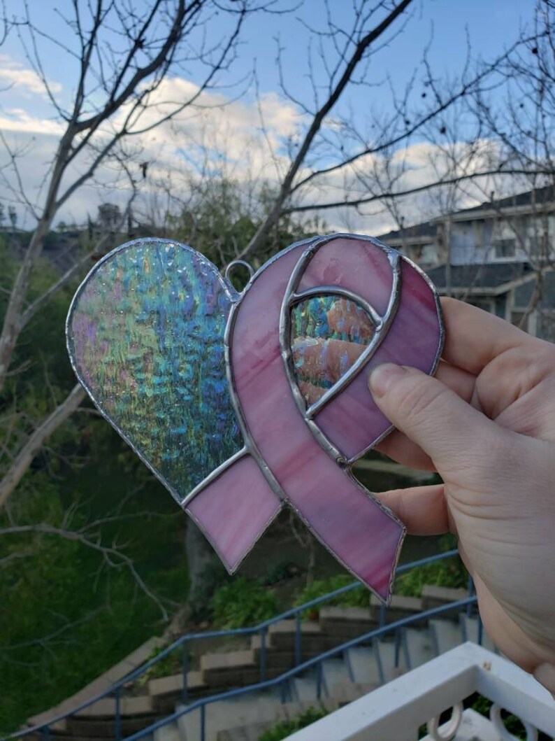 Handmade stained glass heart with pink ribbon suncatcher Etsy