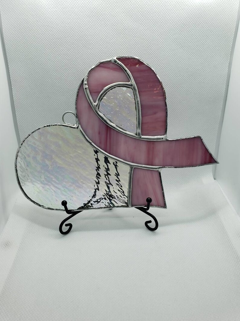 Handmade stained glass heart with pink ribbon suncatcher Etsy