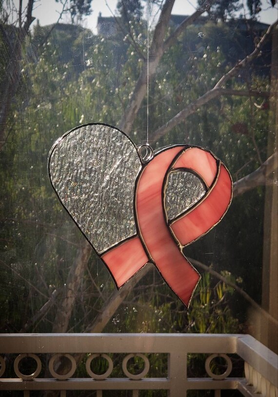 Handmade stained glass heart with pink ribbon suncatcher Etsy