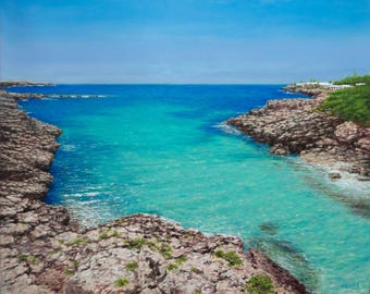 Baia Turchese di Maiorca, dipinto ad olio originale, paesaggio marino mediterraneo, opera d'arte su tela