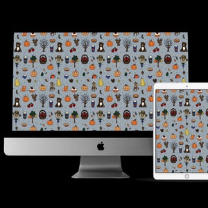 Puede incluir: Una ilustración digital de un patrón de temática otoñal con calabazas, hojas, bellotas, osos, tazas de café, tartas y otros elementos otoñales sobre un fondo azul claro. El patrón se muestra en una pantalla de ordenador, una tableta y un smartphone.
