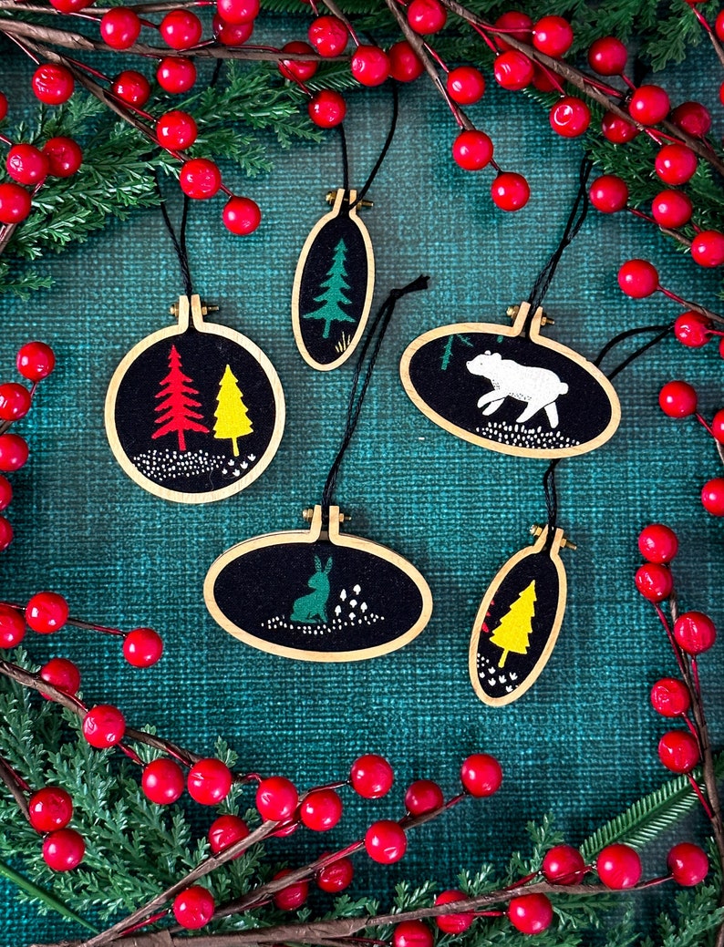 Rustic Cabin Christmas Tree Ornaments. Small Miniature Ornament Set