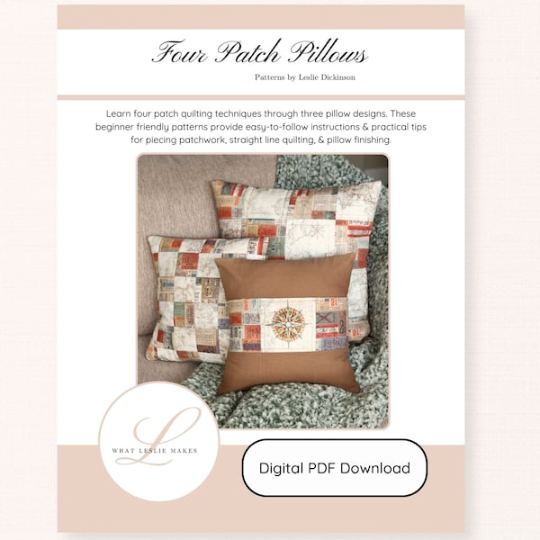 Four Patch Square. Patchwork Quilting Pillow Patterns. DIY Pillow Pattern. Digital Sewing Pattern for Pillow. Learn to Sew. Set of 3 Pattern