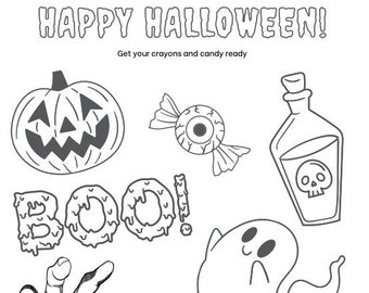 Printable Halloween Themed Coloring Page- Halloween Coloring page- Spooky Coloring Page for kids- Printable Coloring Page for Kids
