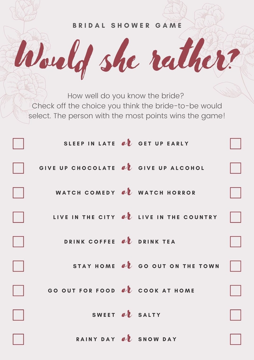 Bridal Shower Game: Would She Rather? - Printable Bridal Shower Game ...