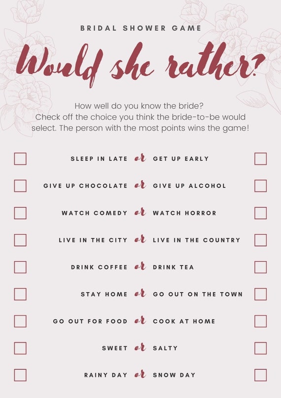 Bridal Shower Game: Would She Rather Printable Bridal - Etsy