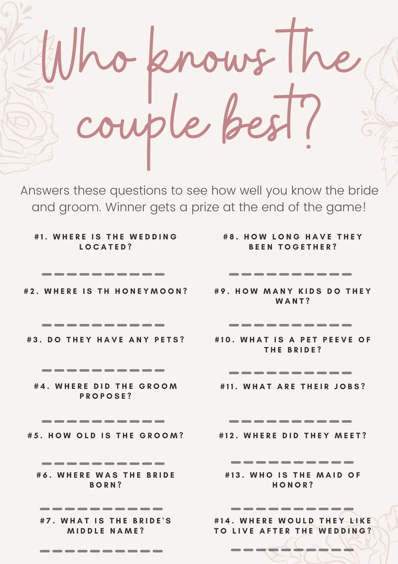 Who Knows the Couple Best Bridal Shower Game Printable Worksheet ...