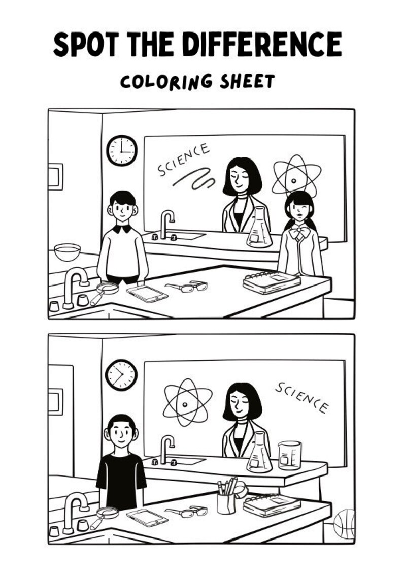 Spot the Difference Science Classroom Themed Coloring Sheet Game