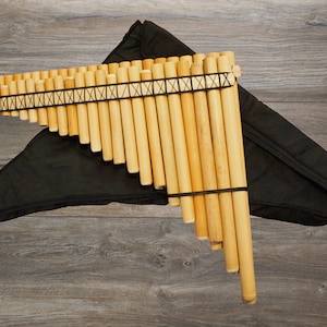 Puede incluir: Una flauta de pan de madera con una funda de transporte negra. La flauta de pan tiene una serie de tubos huecos de diferentes longitudes, unidos por una cuerda negra. Los tubos están hechos de madera natural y tienen un color marrón claro.