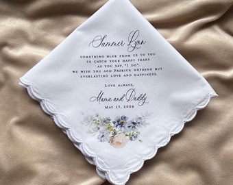 Bride handkerchief from Mom, Wedding Handkerchief-PRINTED-custom-Wedding Gift to daughter-wedding hankies from parents, something blue