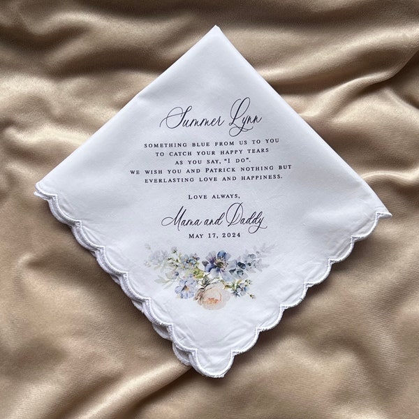 Bride handkerchief from Mom, Wedding Handkerchief-PRINTED-custom-Wedding Gift to daughter-wedding hankies from parents, something blue