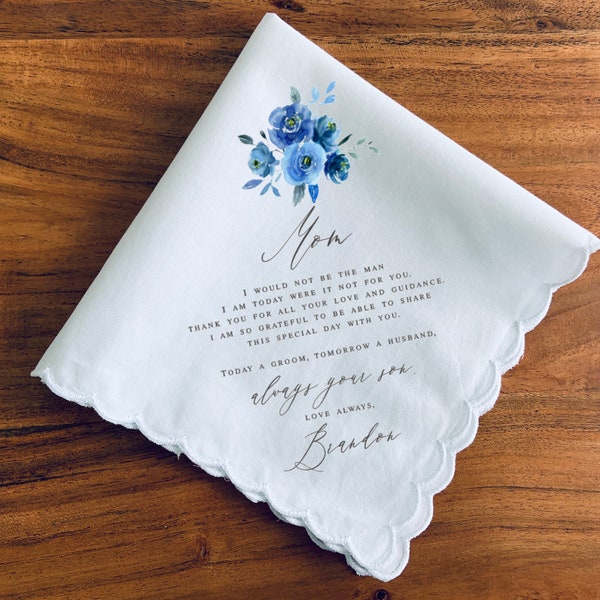 Mother of the Groom Gift-from the Groom-Wedding 1hankerchief-personalized-Wedding Handkerchief-mother of the groom- blue wedding bouquet