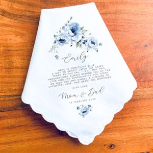 Mouchoir de mariée de maman, mouchoir de mariage-IMPRIMÉ-personnalisé-cadeau de mariage pour fille - mouchoirs de mariage des parents, quelque chose de bleu