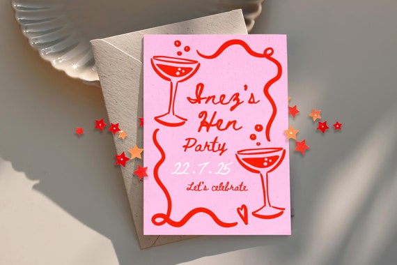 Hand-Drawn Cocktail Hen Party Invitation: Pink Red Bachelorette Celebration (Canva Template)