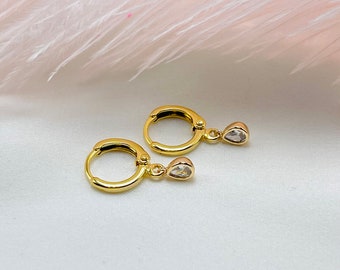 Huggie hoop earrings with charm, Dangle hoop earrings, Minimalist hoops, Dainty hoops, Tear drop CZ charm hoops,  gift for her