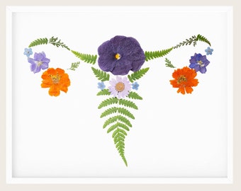 Pressed Flower Uterus Print | Ovary Art | Pressed Flower Art Print | Feminist Art | Women Empowerment | Women&#39;s Reproductive System