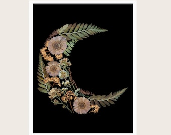 Pressed Flower Moon Art | Vintage Floral Moon Print | Crescent Moon Art | Lunar Wall Art