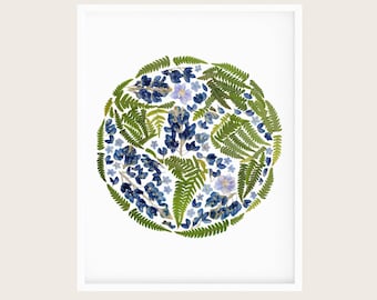 Pressed Flower Earth Print | Mother Earth Art | Pressed Flower Print | Fern Wall Art | Botanical World