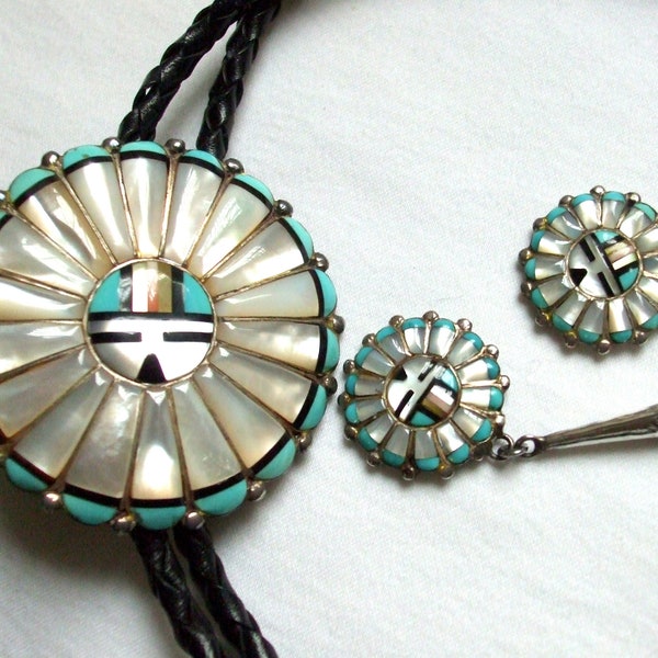 1980s Zuni inlay Sunface bolo tie with matching tips