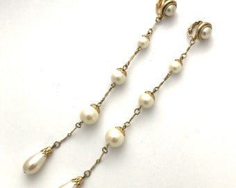 1980s long faux pearl clip-on earrings