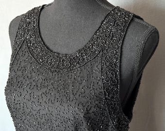 1980s Lawrence Kazar Black Silk Beaded Sleeveless Cocktail Dress, Large NEW