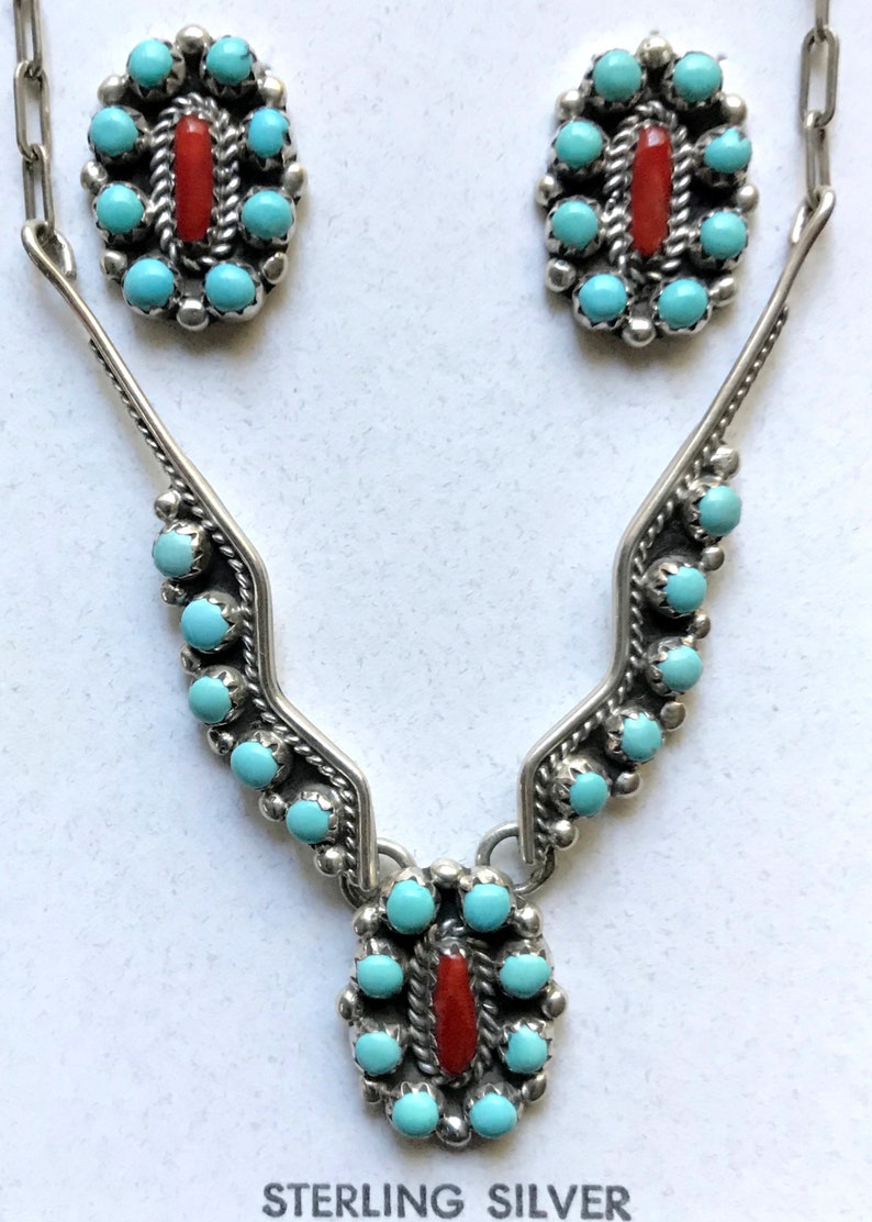 Handmade and signed 1990s Native American petit point turquoise and coral necklace earrings set by Navajo silversmith Bernard Barton