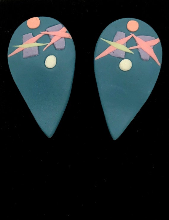 1980s handmade ceramic teal teardrop earrings - image 1