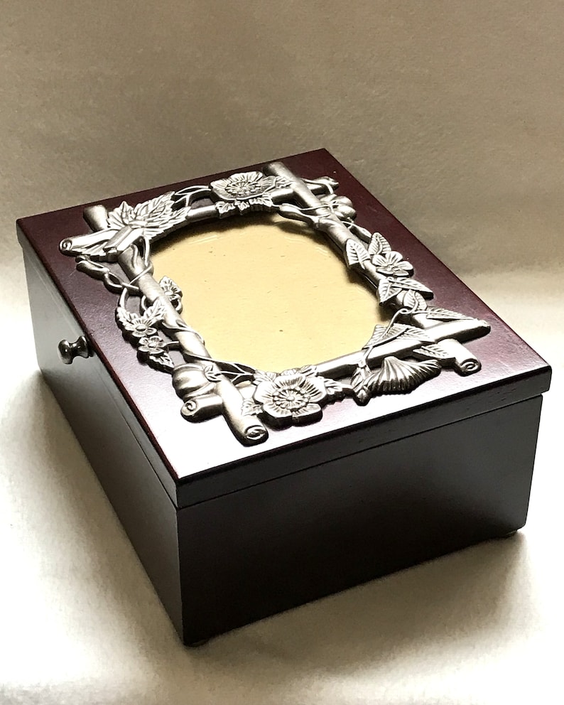Vintage cherry wood jewelry box with pewter photo frame