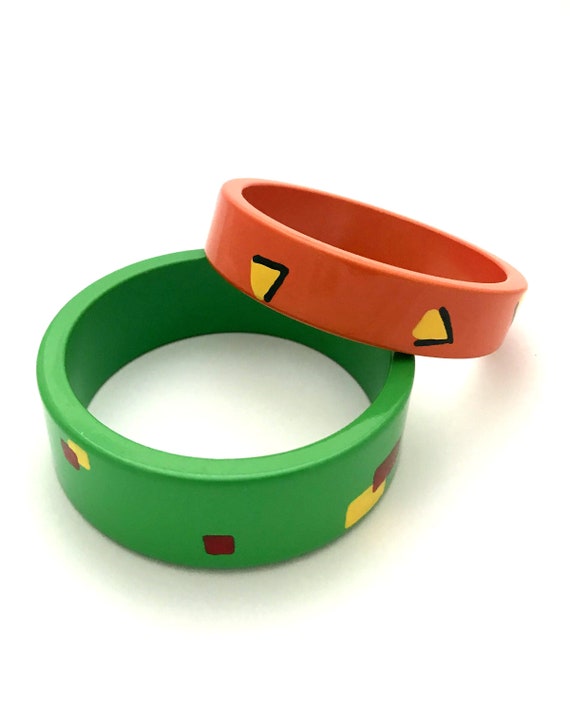 Two 1980s handmade painted wood bangles - image 2