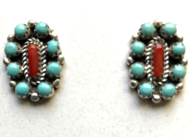 Handmade and signed 1990s Native American petit point turquoise and coral necklace earrings set by Navajo silversmith Bernard Barton