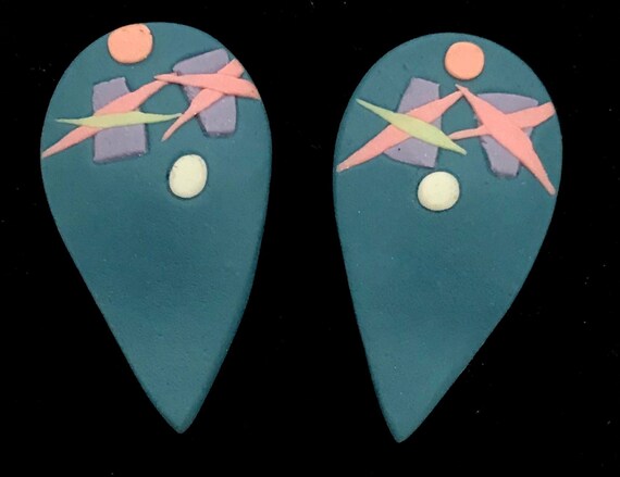 1980s handmade ceramic teal teardrop earrings - image 2