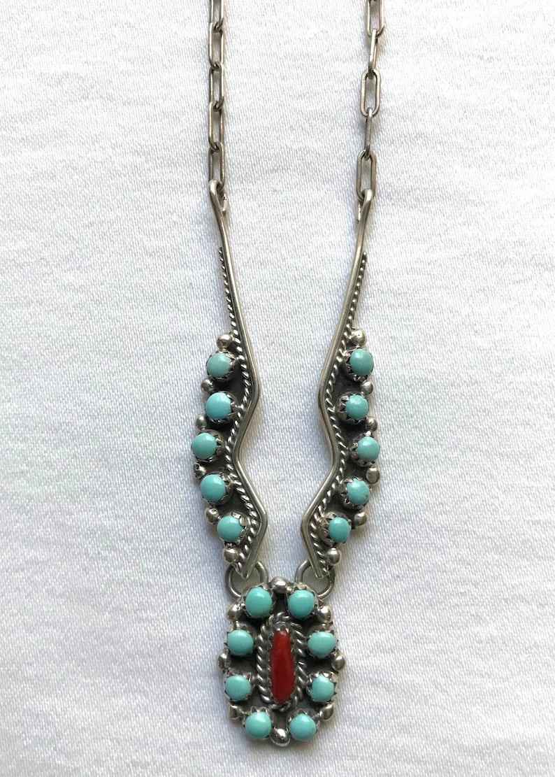 Handmade and signed 1990s Native American petit point turquoise and coral necklace earrings set by Navajo silversmith Bernard Barton