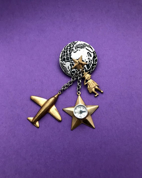 Rare 1960s mixed metal compass pin with star, pla… - image 1