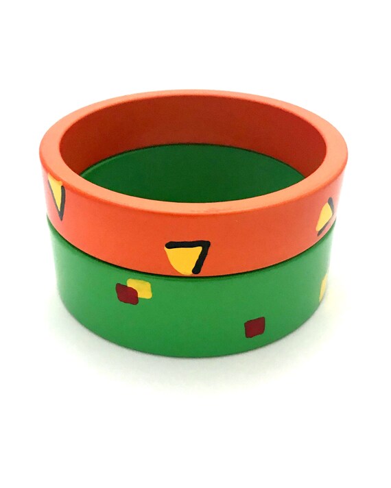 Two 1980s handmade painted wood bangles - image 3