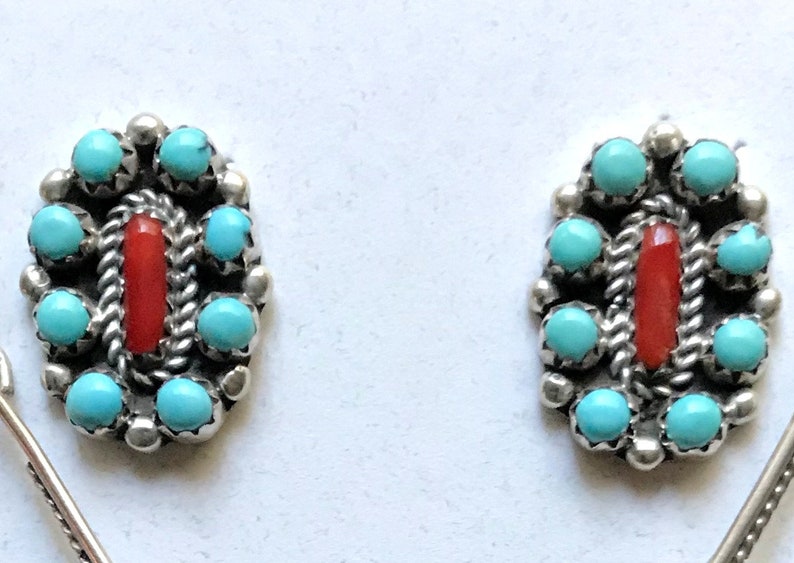 Handmade and signed 1990s Native American petit point turquoise and coral necklace earrings set by Navajo silversmith Bernard Barton