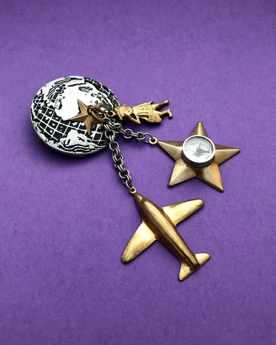 Rare 1960s mixed metal compass pin with star, pla… - image 2