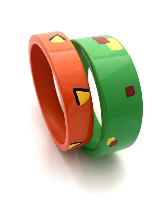 Two 1980s handmade painted wood bangles - image 7