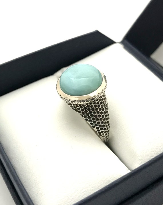 Larimar ring, sterling silver textured band, size… - image 7