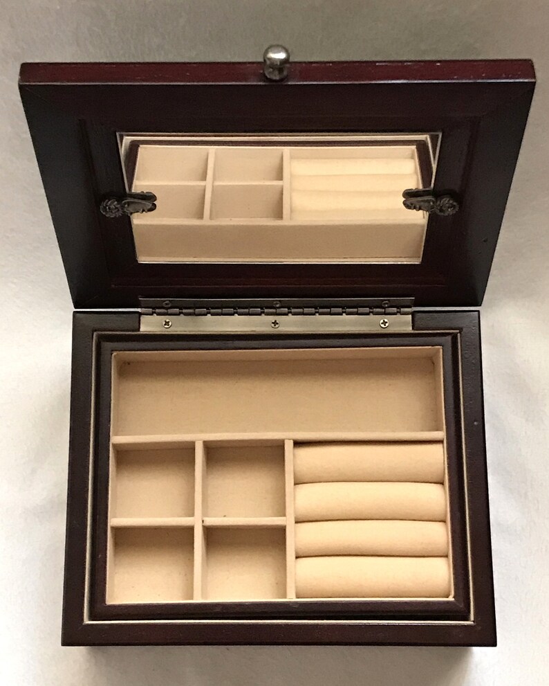 Vintage cherry wood jewelry box with pewter photo frame