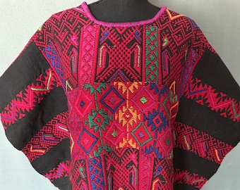 1970s Chiapas, Mexico Pancho Hand Embroidered On Black Cotton 38 x 48 Inches