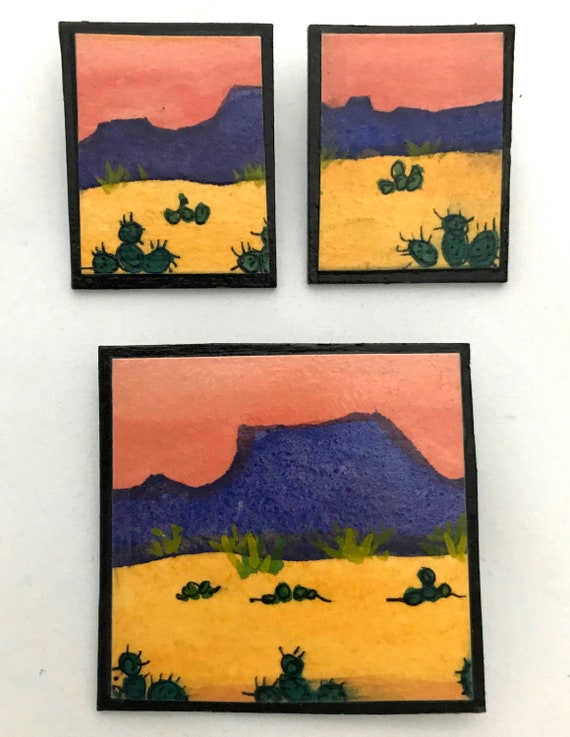 1989 handmade signed Southwest landscape earrings,