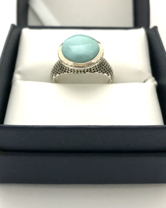 Larimar ring, sterling silver textured band, size… - image 8
