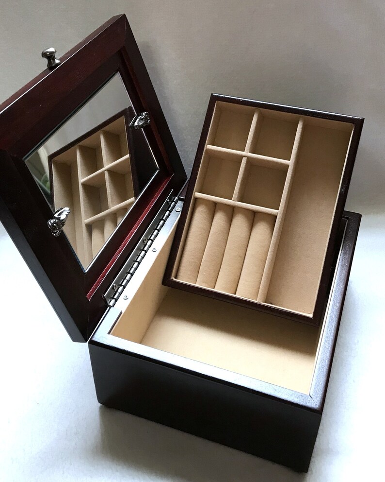 Vintage cherry wood jewelry box with pewter photo frame