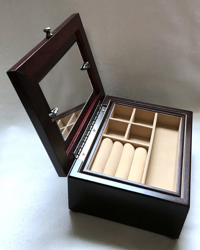 Vintage cherry wood jewelry box with pewter photo frame